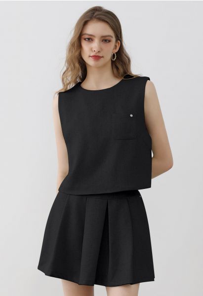 Chic Tweed Sleeveless Top and Pleated Mini Skirt Set in Black