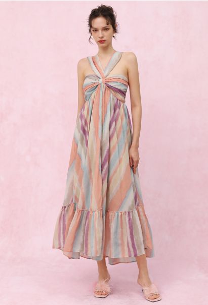 Rainbow Stripe Halter Neck Asymmetric Dress