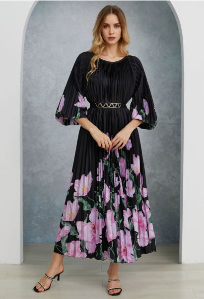 Blossoming Day Watercolor Pleated Maxi Dress in Black