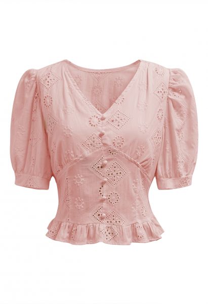 V-Neck Button Trim Eyelet Crop Top in Pink