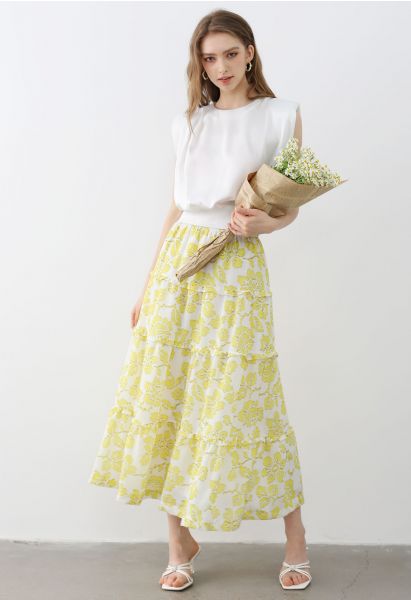 Sunny Blooms Ruffle Trim A-Line Skirt in Yellow