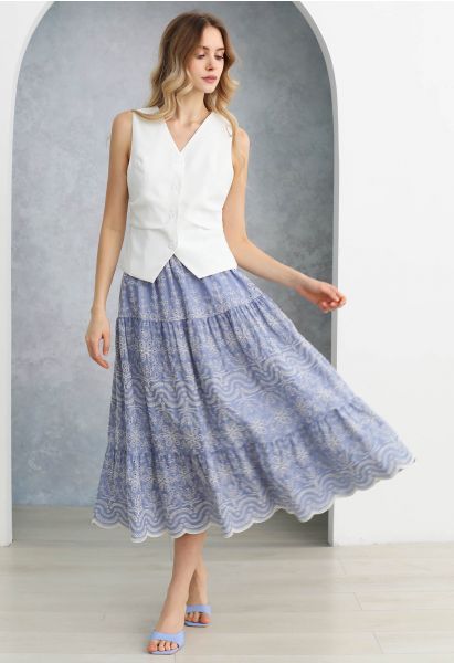 Chic Blue Embroidered Floral Midi Skirt