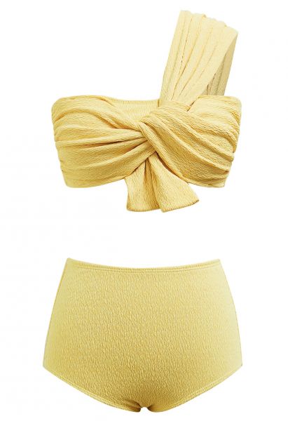 One-Shoulder Knotted Texture Bikini Set in Yellow