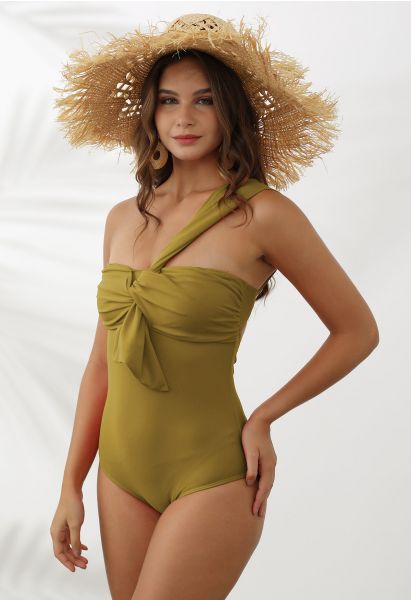 Sweet Knot One-Shoulder One-Piece Swimsuit in Moss Green