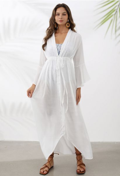 V-Neck Flounce Sleeves Button-Up Cover-Up in White