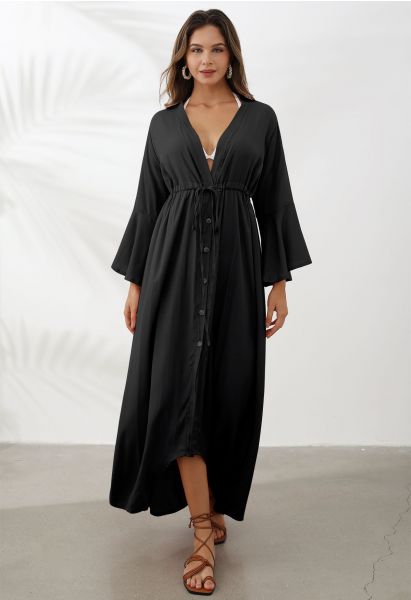 V-Neck Flounce Sleeves Button-Up Cover-Up in Black