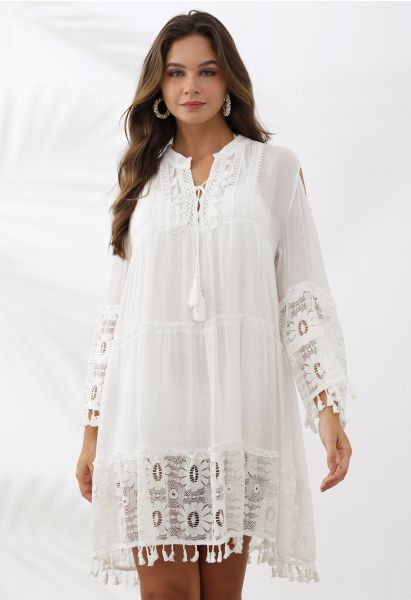 Cutwork Lace Tassel Trim Dolly Dress in White