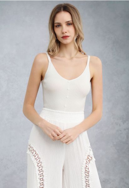Button Decorated Ribbed Knit Tank Top in White