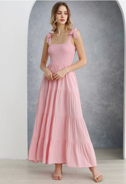 Fluttering Tie-Shoulder Shirred Maxi Dress in Pink