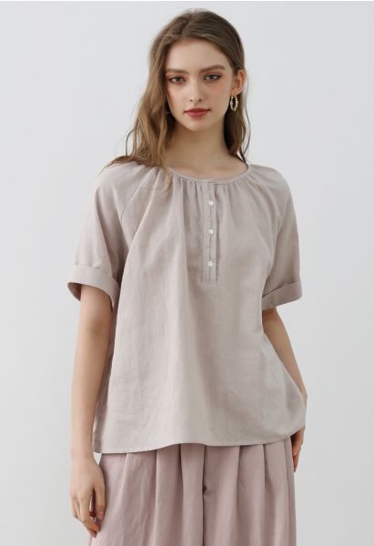 Buttoned Front Roll-Cuff Dolly Top in Dusty Pink