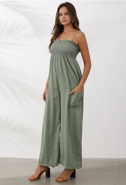 Snazzy Patch Pocket Wide-Leg Cami Jumpsuit in Pea Green
