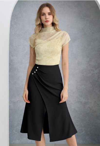 Pearl Side Pleats Asymmetric Flap Midi Skirt in Black