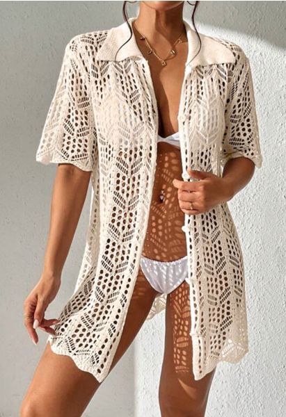 Boho Beach Crochet Buttoned Cover-Up in Cream