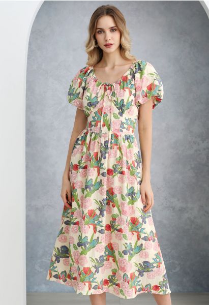 Leafy Garden Rose Print Puff Sleeve Midi Dress