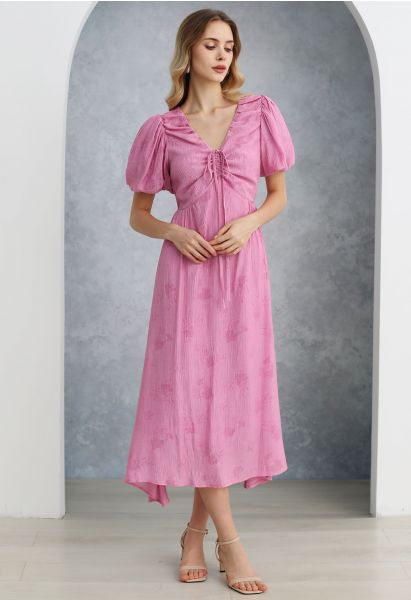Subtle Floral Texture Drawstring V-Neck Midi Dress in Pink