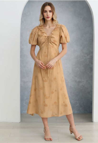 Subtle Floral Texture Drawstring V-Neck Midi Dress in Tan