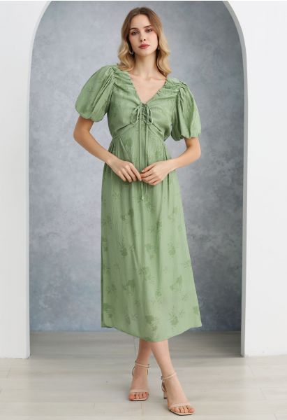 Subtle Floral Texture Drawstring V-Neck Midi Dress in Green
