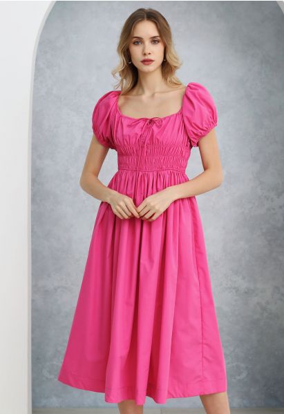 Square Neck Bubble Sleeve Shirred Midi Dress in Hot Pink