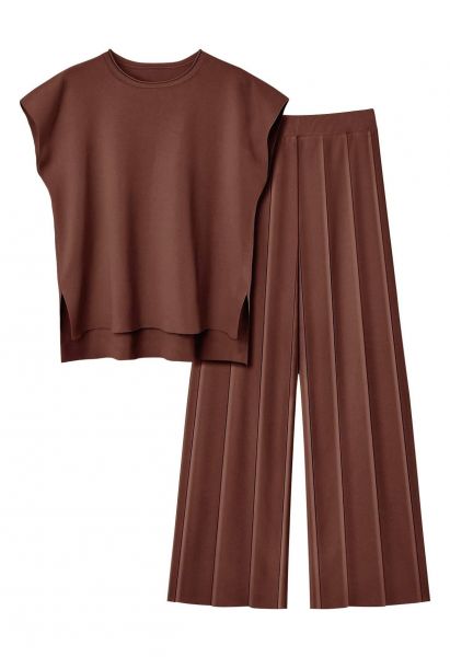 Daily Comfort Sleeveless Top and Straight-Leg Pants Set in Brown