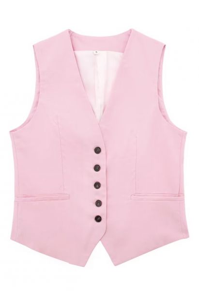 V-Neck Buttoned Down Linen-Blend Vest in Pink