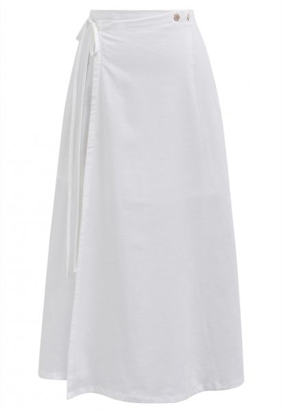 Buttoned Tie-Waist Split Flap Midi Skirt in White