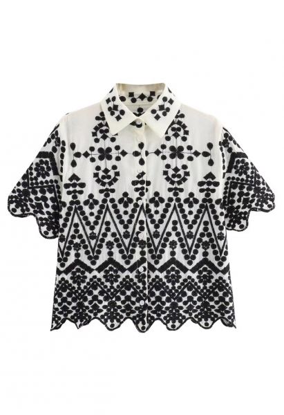 Geometric Floral Embroidered Scalloped Edge Buttoned Shirt