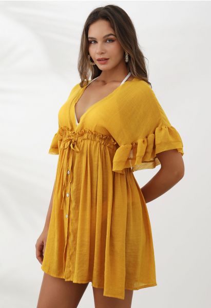 Deep V-Neck Flounce Sleeve Buttoned Cover-Up in Mustard