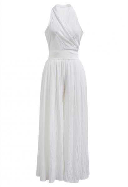 Self-Tie Wrap Top and Wide-Leg Pants Set in White
