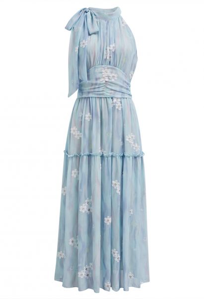 Floret Embroidery Bowknot Halter Neck Ruffle Midi Dress in Blue