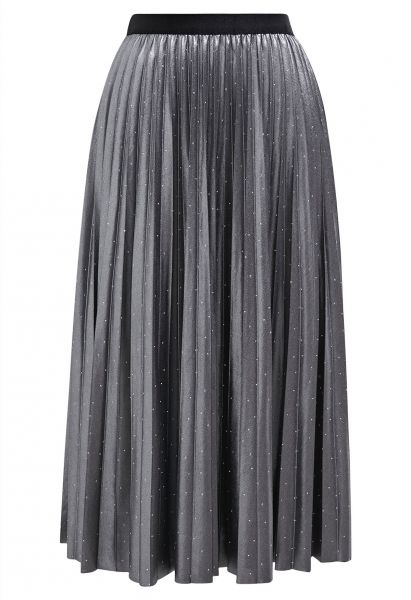 Rhinestone Embellished Pleated Midi Skirt in Sliver