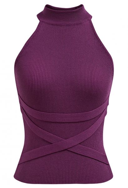 Crisscross Ribbon Sleeveless Halter Knit Top in Purple