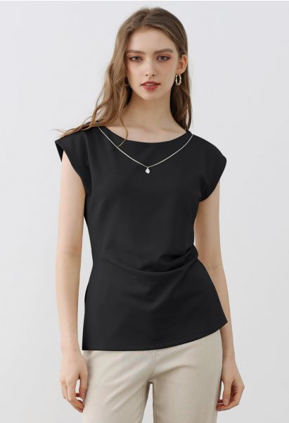 Decorative Necklace Side Pleat Cotton Top in Black