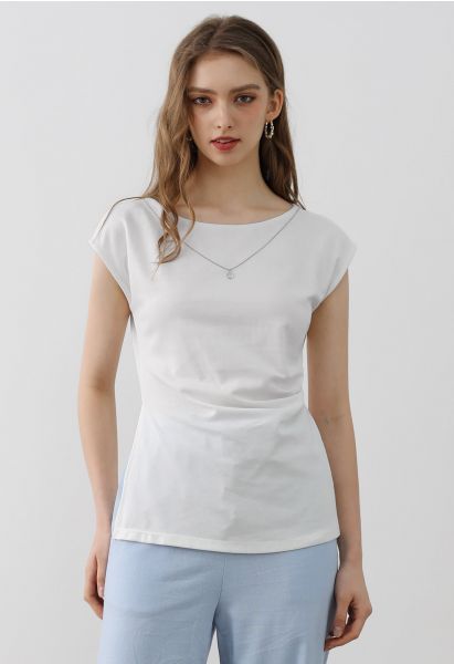 Decorative Necklace Side Pleat Cotton Top in White
