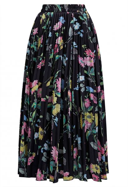Vivid Floral Print Pleated Maxi Skirt in Black