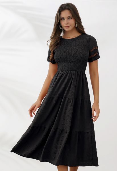 Cutwork Sleeve Shirred Bodice Midi Dress in Black
