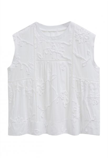 Raw Detail 3D Floral Sleeveless Dolly Top in White