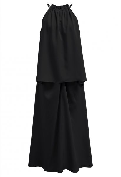 Ruffle Halter Top and Twist Front Maxi Skirt Set in Black