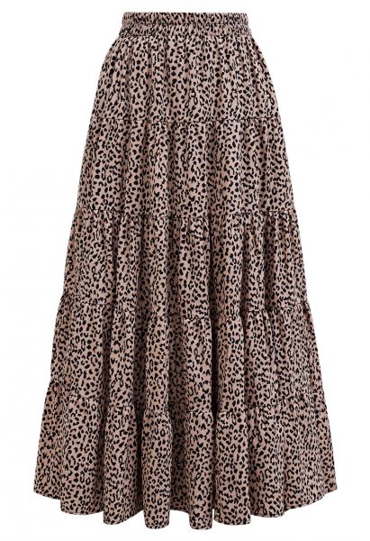 Leopard Printed Panelled Frilling Midi Skirt