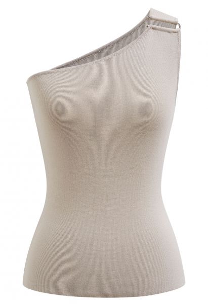 U-Shaped Metal Decor One-Shoulder Knit Top in Taupe