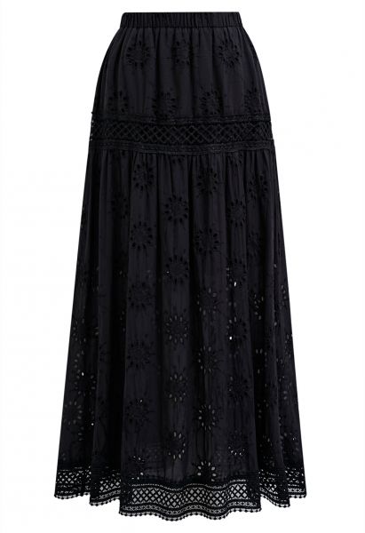 Floral Embroidered Eyelet Cotton Maxi Skirt in Black
