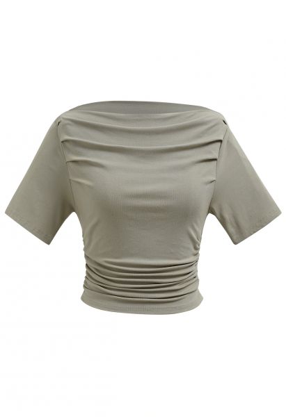 Boat Neck Short Sleeve Ruched Cotton Top in Sage