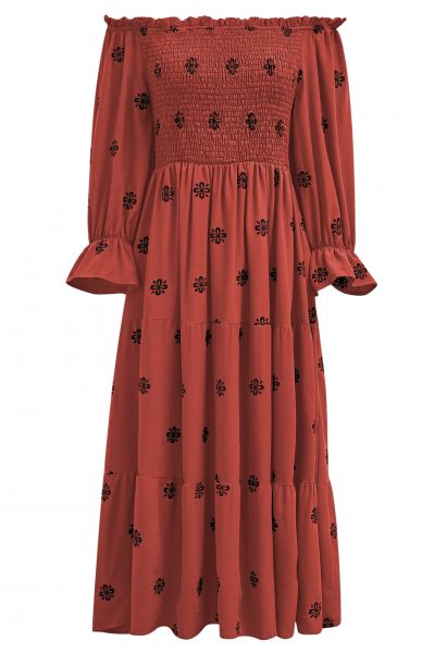 Black Floral Embroidery Shirred Midi Dress in Rust