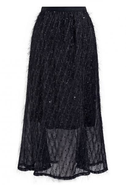 Sequin Shimmer Fringe Midi Skirt in Black