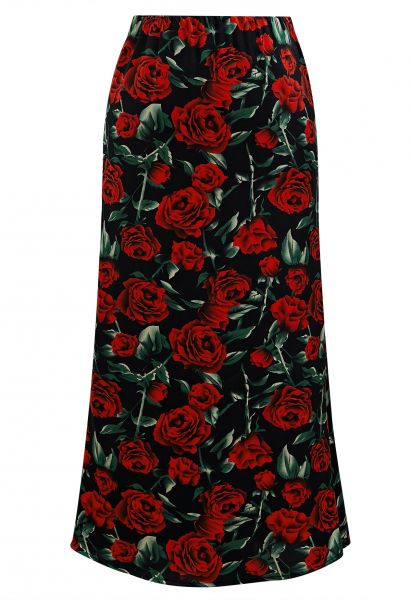 Red Rose Print Midi Skirt