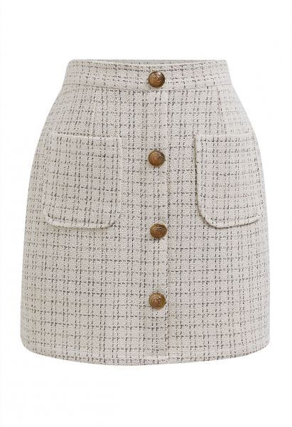 Grid Tweed Vintage Button Mini Skirt