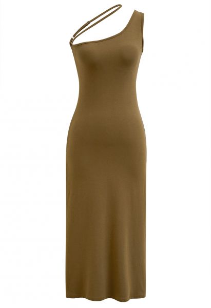 Oblique One Shoulder Bodycon Midi Dress in Olive