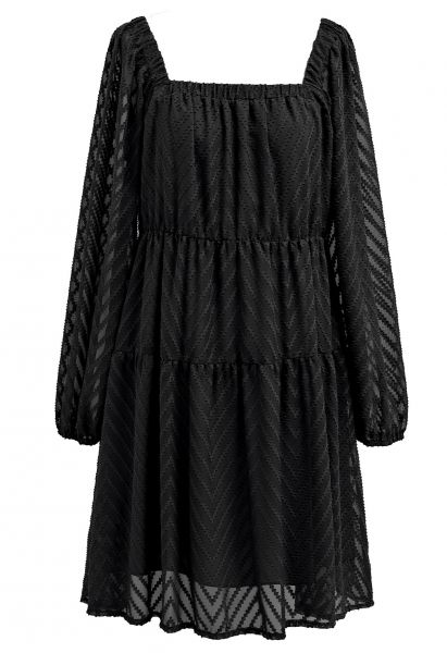 Square Neck Fringed Zigzag Mini Dress in Black