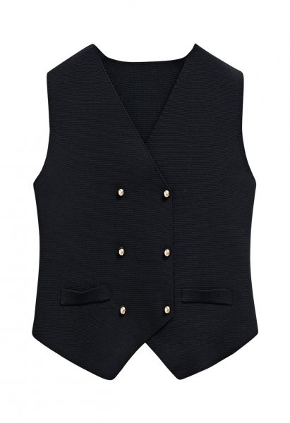 Asymmetric Hem Double-Breasted Knit Vest in Black
