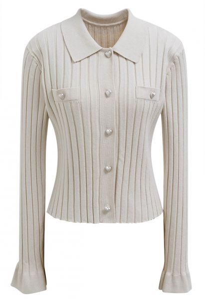 Heart-Shape Button Down Collar Knit Top in Ivory