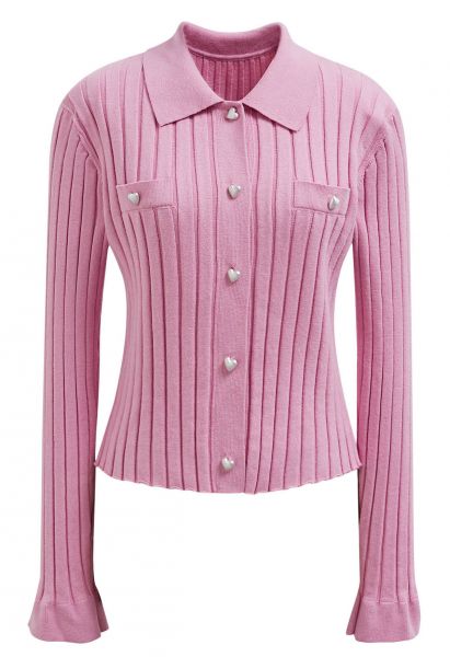 Heart-Shape Button Down Collar Knit Top in Pink